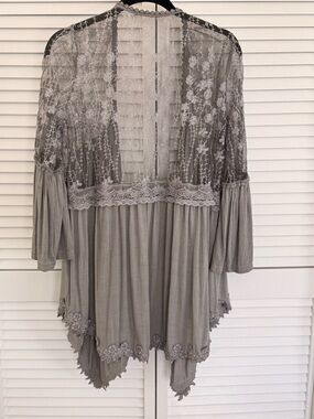 POL Gray Sheer Embroidered Kimono